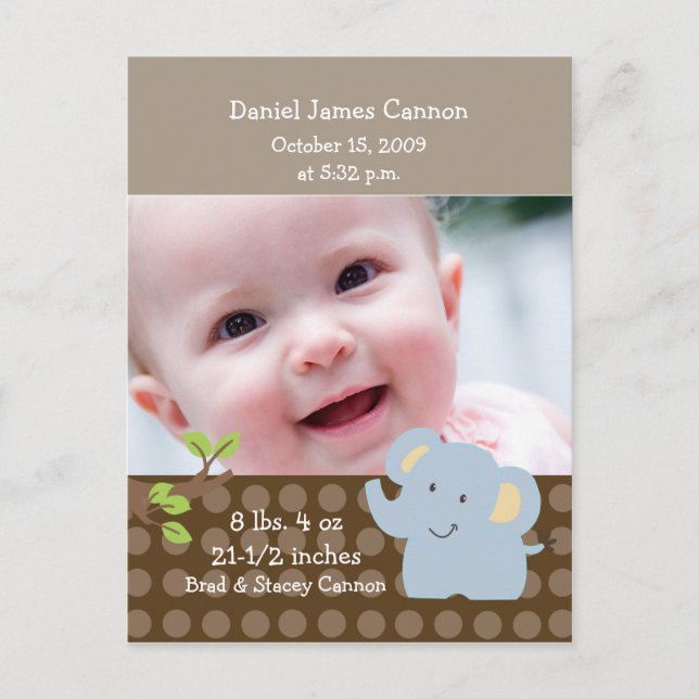 Baby Elephant PHOTO Birth Announcement Custom (Front)