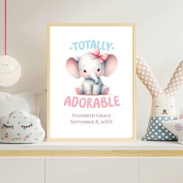 Baby Elephant Pink Baby Girl Nursery Wall Art  (Personalized Baby Elephant Nursery Wall Art Baby Girl. Baby Shower or New Baby Gift)