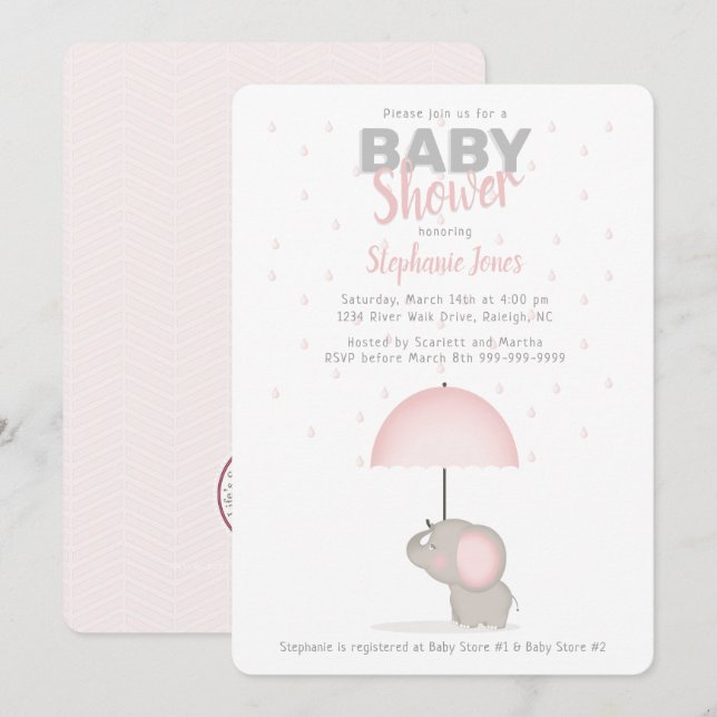 Baby Elephant Pink Baby Shower Invitation (Front/Back)