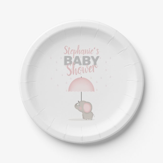 Baby Elephant Pink Baby Shower Paper Plate (Front)