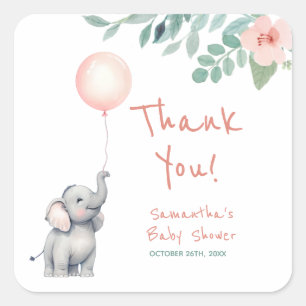 Baby Elephant Pink Baby Shower Thank You Favour Square Sticker