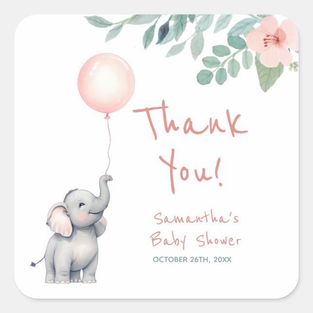 Baby Elephant Pink Baby Shower Thank You Favour Square Sticker (Front)