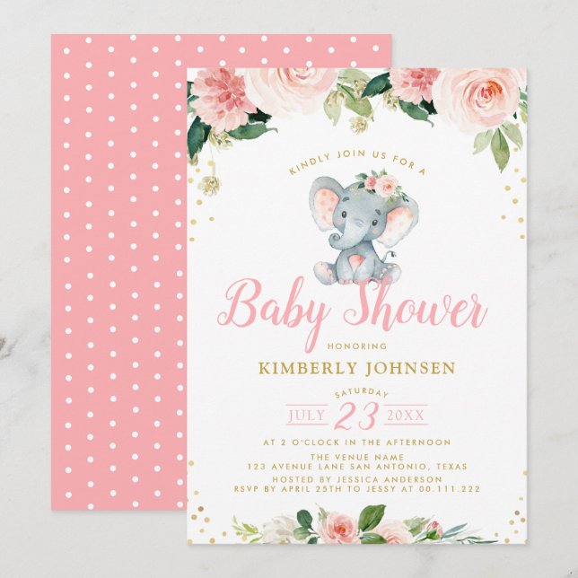 baby elephant pink floral baby shower invitation (Front/Back)