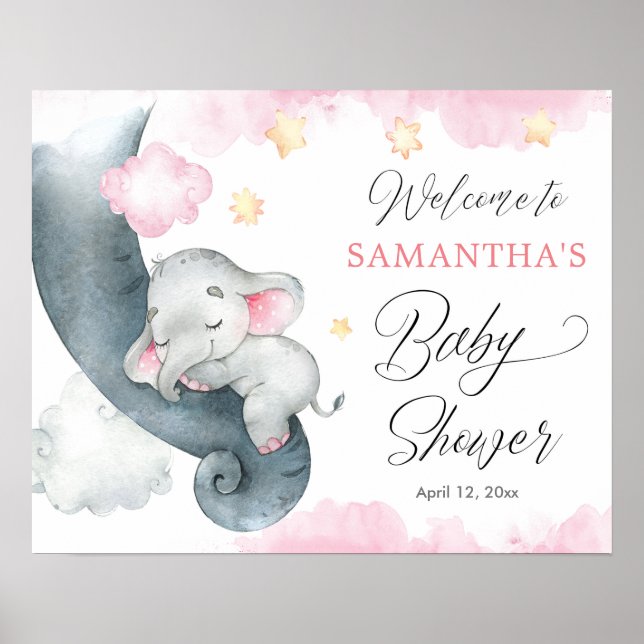 Baby elephant pink girl baby shower welcome sign (Front)