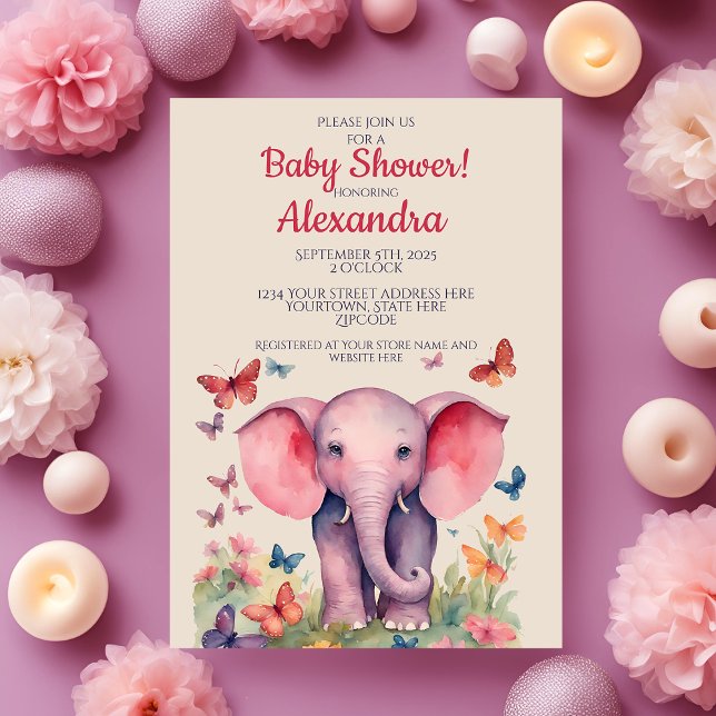 Baby Elephant Pink Girls Baby Shower Invitation (Creator Uploaded)