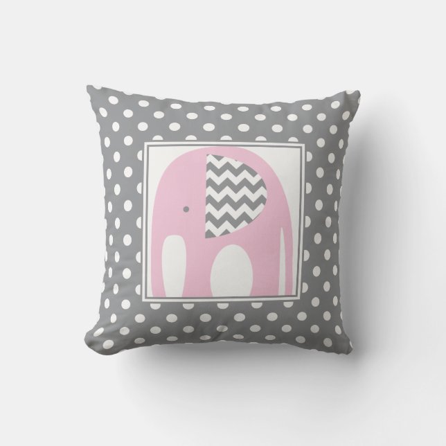 Baby Elephant | Pink & Grey Chevron Polka Dots Cushion (Front)