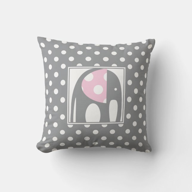 Baby Elephant | Pink & Grey Polka Dots Cushion (Front)