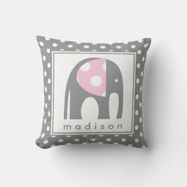 Baby Elephant | Pink & Grey Polka Dots Cushion (Front)