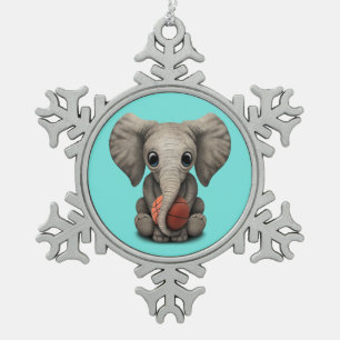 Baby Elephant Playing With Basketball Snowflake Pewter Christmas Ornament