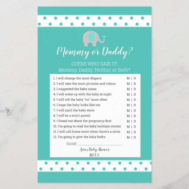 Baby Elephant Polka Dots Mummy or Daddy Game Flyer (Front)