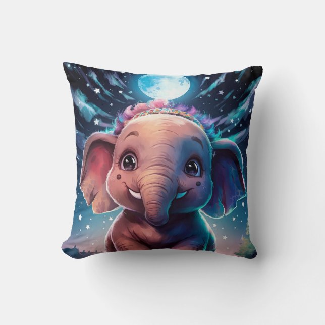 Baby Elephant Posing under Full Moon Light Cushion (Front)