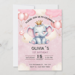 Baby Elephant Princess 1st Birthday Invitation