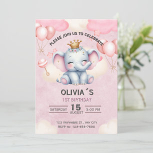 Baby Elephant Princess 1st Birthday Invitation