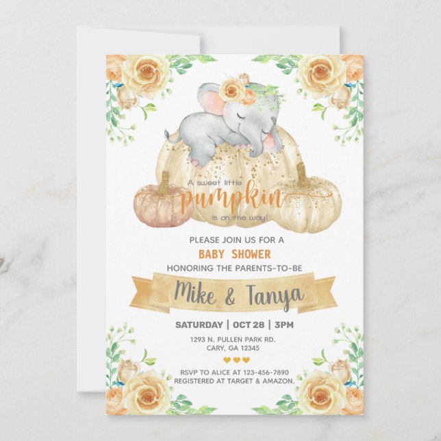 Baby elephant & pumpkin fall baby shower invite. invitation (Front)