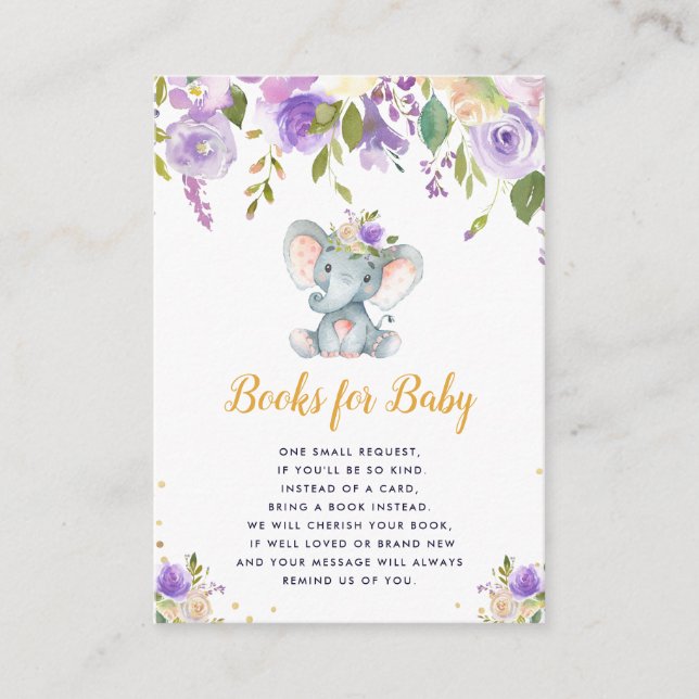 baby elephant purple floral books for baby card (Front)