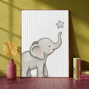 Baby Elephant Reaching for Star Blue Stripes Nurse Poster