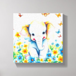Baby Elephant Running in Flowers Canvas Print