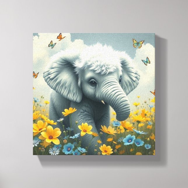 Baby Elephant Running in Flowers Canvas Print (Front)