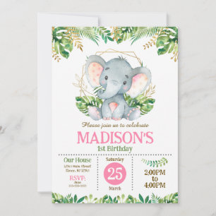 Baby Elephant Safari Jungle Party 1st Birthday  Invitation