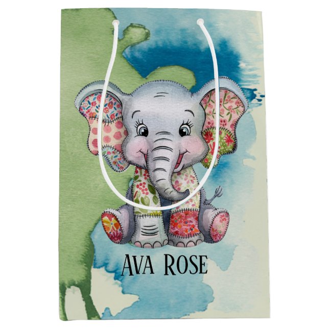 Baby Elephant Sewn Floral Patches Any Child  Medium Gift Bag (Front)
