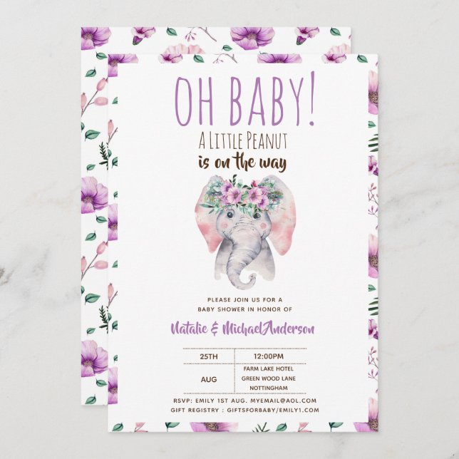 Baby Elephant Shower Invitation, Boho Floral Invitation (Front/Back)