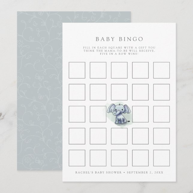baby elephant sitting baby shower bingo game card (Front/Back)