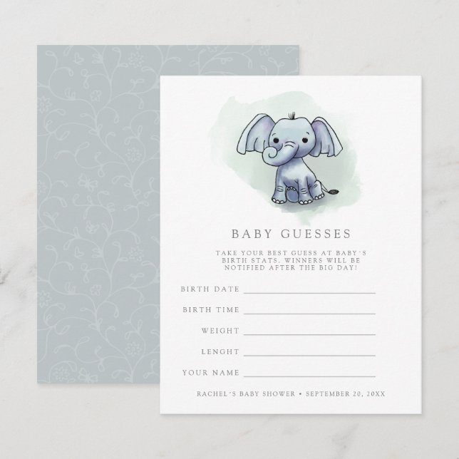 baby elephant sitting baby shower guessing game invitation (Front/Back)