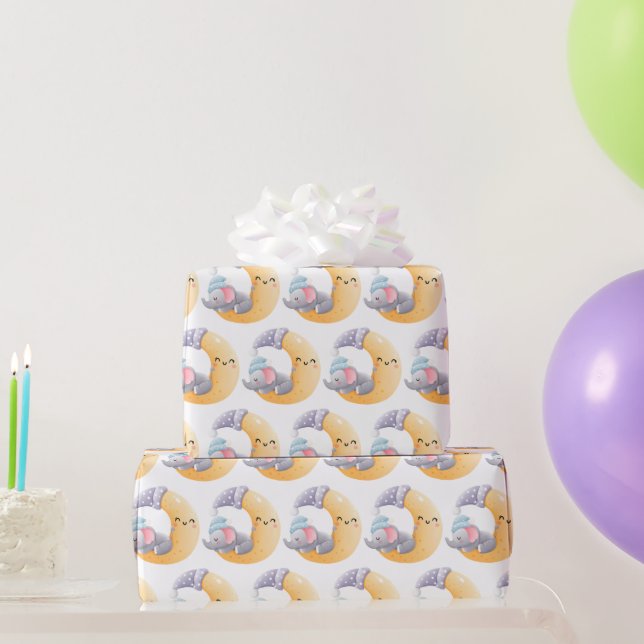 Baby Elephant Sleeping Crescent Moon Baby Shower  Wrapping Paper (Party Gifts)
