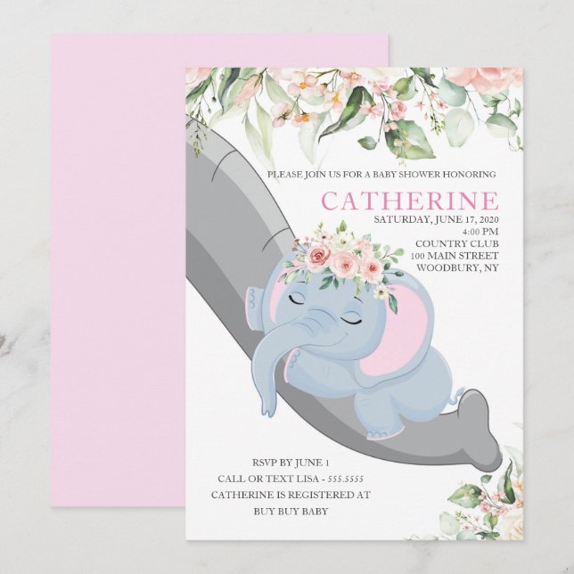 Baby Elephant Sleeping floral Girl Shower Invitation (Front/Back)