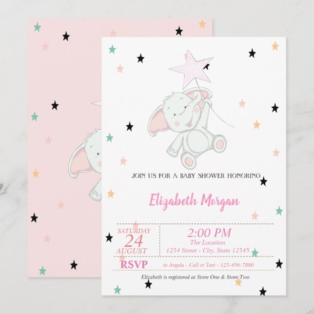 Baby Elephant, Stars Baby Shower Invitation (Front/Back)