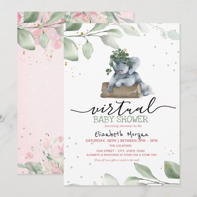 Baby Elephant Stars Leaves Virtual Baby Shower Invitation (Front/Back)
