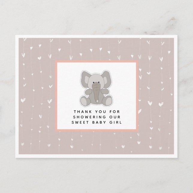 Baby Elephant String Hearts Baby Shower Thank You Postcard (Front)
