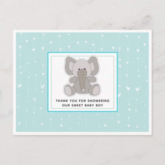 Baby Elephant String Hearts Baby Shower Thank You Postcard (Front)