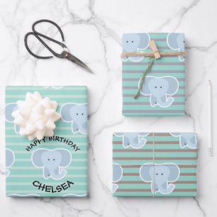 Baby Elephant Stripes Happy Birthday Set of Wrapping Paper Sheet