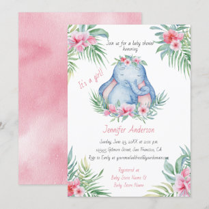 Baby Elephant Tropical Floral Baby Girl Shower Invitation