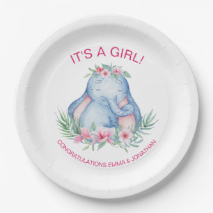 Baby Elephant Tropical Flowers Baby Shower Paper Plate