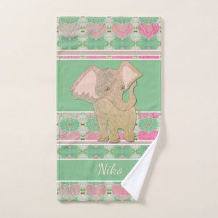 Baby Elephant w/Hearts Pink and Green  Bath Towel Set