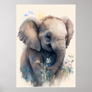 Baby Elephant Watercolor Nursery Wall Art Poster