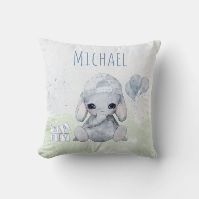 Baby Elephant Watercolor with Name Nursery Cushion (Front)