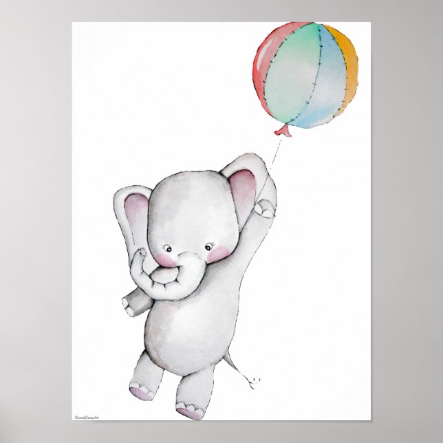 Baby Elephant with Balloon Customisable Poster (Front)