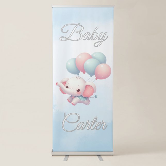  baby elephant with balloons retractable banner (Front)