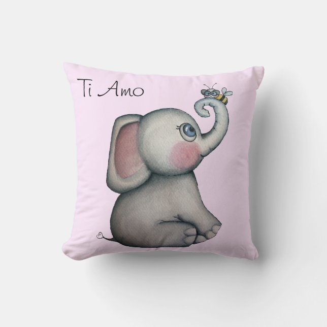 Baby Elephant with Bee Pink Throw Pillow (Front)