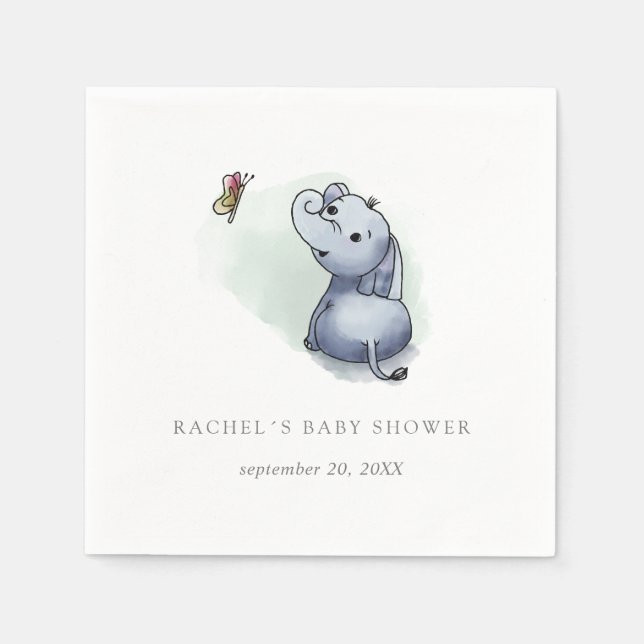 Baby elephant with butterfly baby shower napkin (Front)
