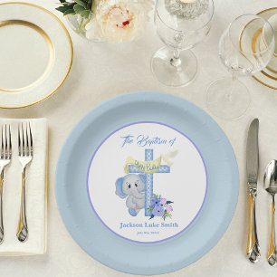 Baby Elephant With Cross and Dove Baptism Paper Plate