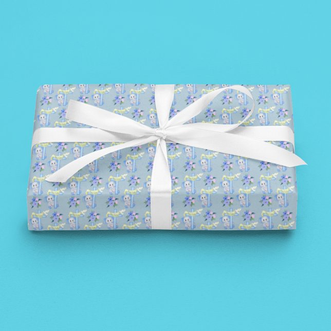 Baby Elephant With Cross and Dove Baptism  Wrapping Paper (Celebrate new beginnings with our adorable elephant-themed baptism wrapping paper. A perfect touch o)