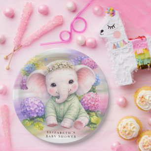 Baby Elephant with Hydrangeas Baby Shower Paper Plate