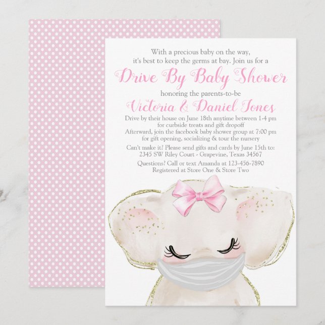 Baby Elephant with Mask Drive By Baby Shower Invitation (Front/Back)