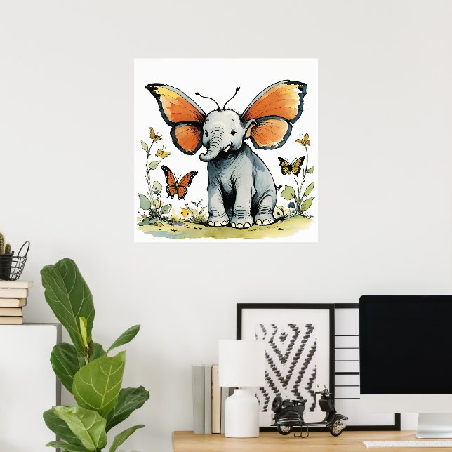 Baby Elephant with Monarch Butterfly Wing Ears Poster (Home Office)
