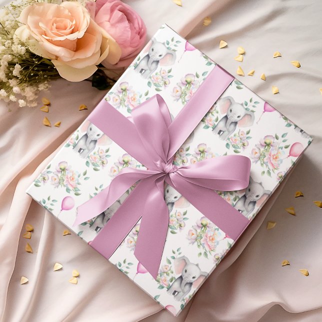 Baby Elephant With Peonies & Balloon Baby Shower  Wrapping Paper (Wrap your baby shower gifts or party favors with this adorable baby shower Elephant with peonies!)