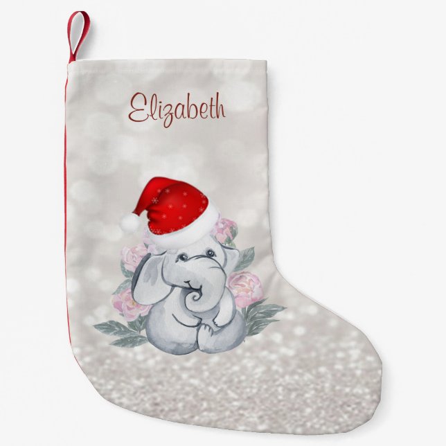 Baby Elephant With  Santa Hat,Flowers,Bokeh Small Christmas Stocking (Front)
